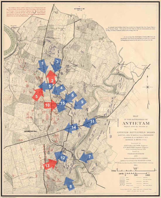 Map: Summary of Assaults at Antietam